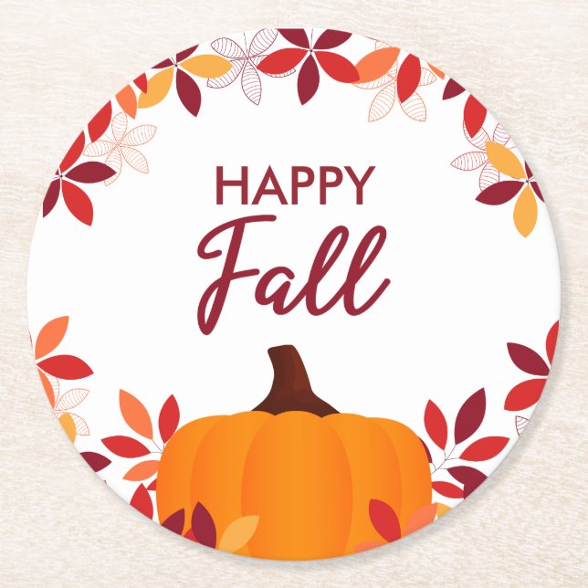 Posavasos Redondo De Papel Cuto de otoño feliz marco de calabaza de hojas de  (Anverso)