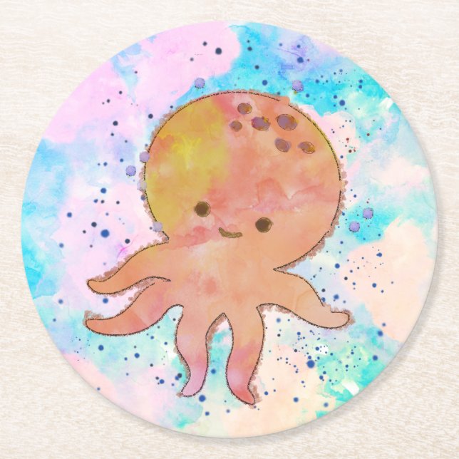 Posavasos Redondo De Papel Cuto Octopus Personalizado acuarela (Anverso)