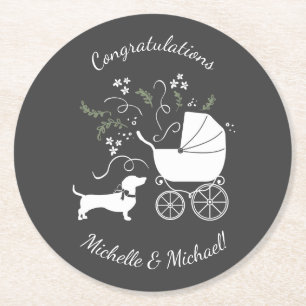 Posavasos Redondo De Papel Dachshund Baby Shower Weiner Dog Sexo Neutral