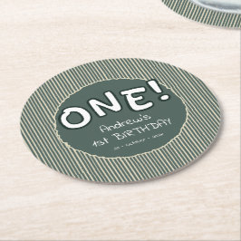 Posavasos Redondo De Papel Dark Green Stripes 1st Birthday