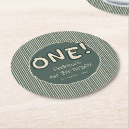 Posavasos Redondo De Papel Dark Green Stripes 1st Birthday