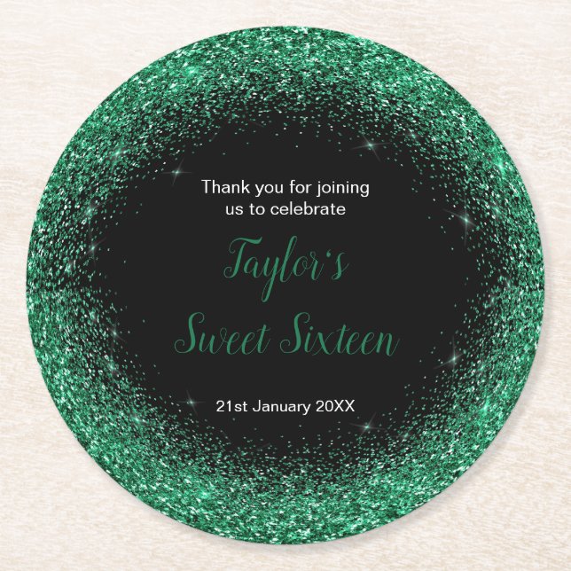 Posavasos Redondo De Papel Dark Green Vress Faux Purpurina Sweet 16 Cumpleaño (Anverso)