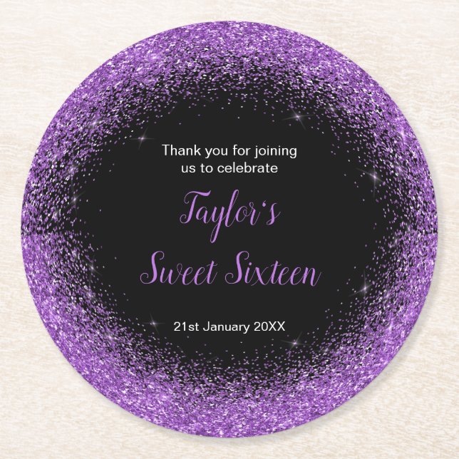 Posavasos Redondo De Papel Dark Purple Vestido Faux Purpurina Dulce 16 Cumple (Anverso)