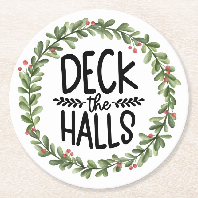 Posavasos Redondo De Papel Deck the Halls Watercolor Wreath (Anverso)
