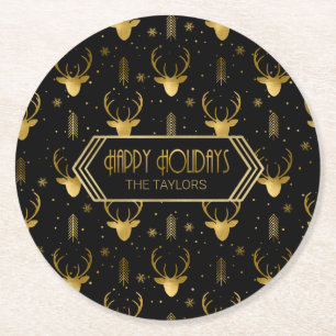 Posavasos Redondo De Papel Deer Antlers Flechas Navidades Patrón de oro ID861