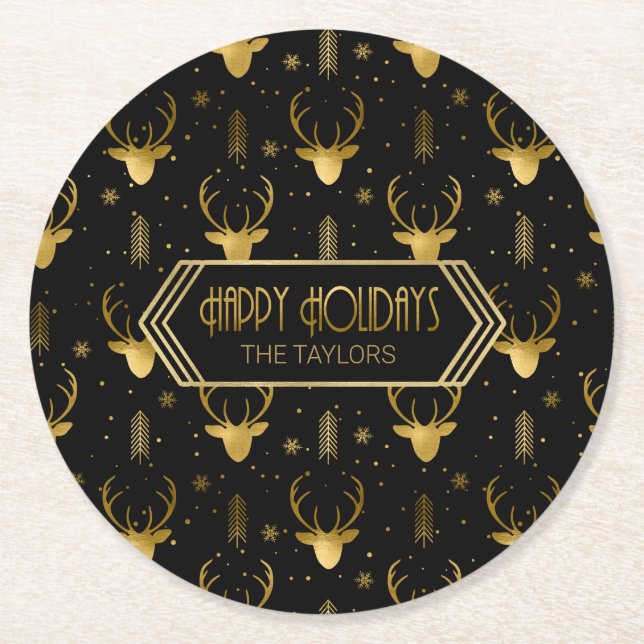 Posavasos Redondo De Papel Deer Antlers Flechas Navidades Patrón de oro ID861 (Anverso)