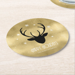 Posavasos Redondo De Papel Deer Antlers Silhouette & Snowflakes Gold ID861