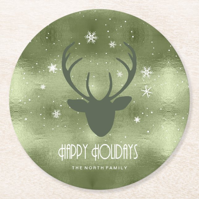 Posavasos Redondo De Papel Deer Antlers Silhouette & Snowflakes Green ID861 (Anverso)