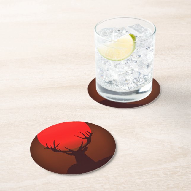 Posavasos Redondo De Papel Deer Silhouette with Fiery Red Sunset (In situ)