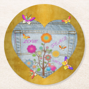 Posavasos Redondo De Papel Denim Pocket Heart Flowers Butterflies