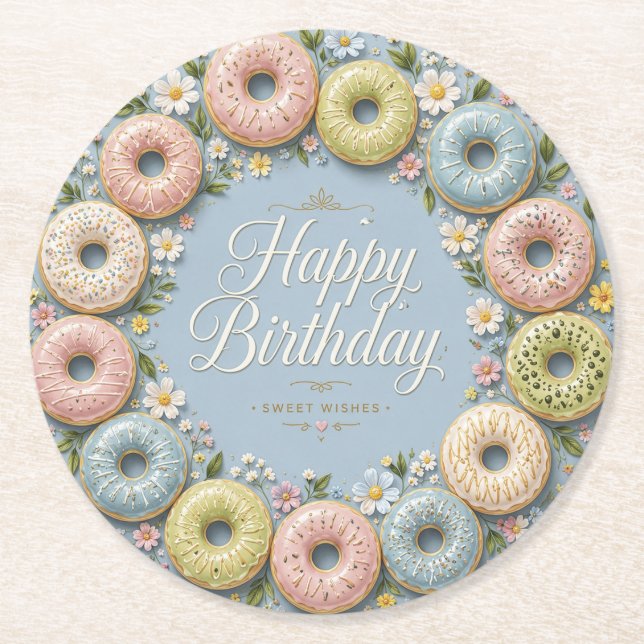 Posavasos Redondo De Papel Deseos de Cumpleaños Dulces (Anverso)
