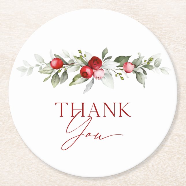 Posavasos Redondo De Papel Despedida de soltera Winter Berry Thank You (Anverso)