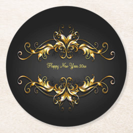 Posavasos Redondo De Papel Desplazamiento del marco dorado Feliz Año Nuevo 20