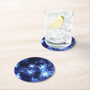 Posavasos Redondo De Papel Destellos de invierno azul copos de nieve