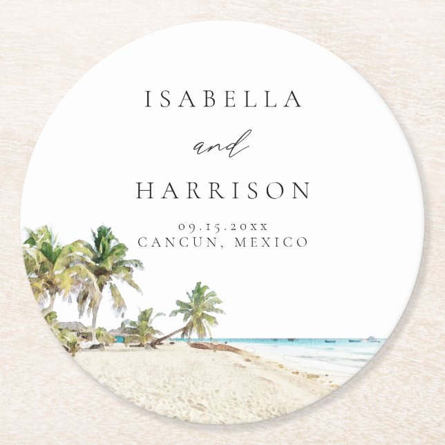 Posavasos Redondo De Papel Destino de la palma acuática CANCUN (Anverso)