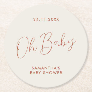 Posavasos Redondo De Papel Día de baby shower marfil con guión minimalista