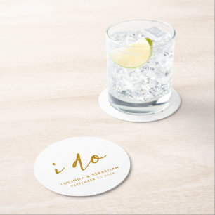 Posavasos Redondo De Papel Día de la Boda Elegante Mínimo Simple Oro y Blanco