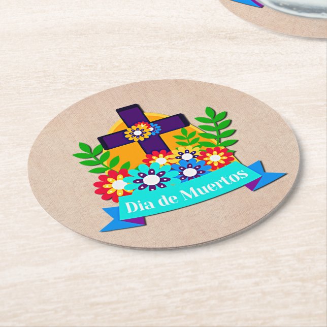 Posavasos Redondo De Papel Día de los Muertos Daisy Flower Cross Family Kids (En perspectiva)
