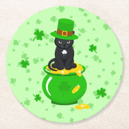 Posavasos Redondo De Papel Día de San Patricio Trébol Olla de Oro Gato Negro