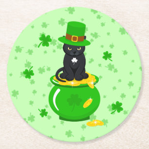 Posavasos Redondo De Papel Día de San Patricio Trébol Olla de Oro Gato Negro