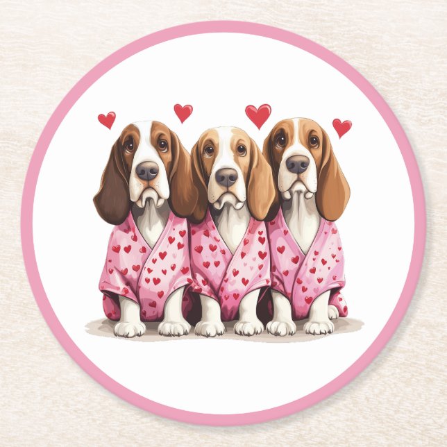 Posavasos Redondo De Papel Día de San Valentín Basset Hound Dogs (Anverso)