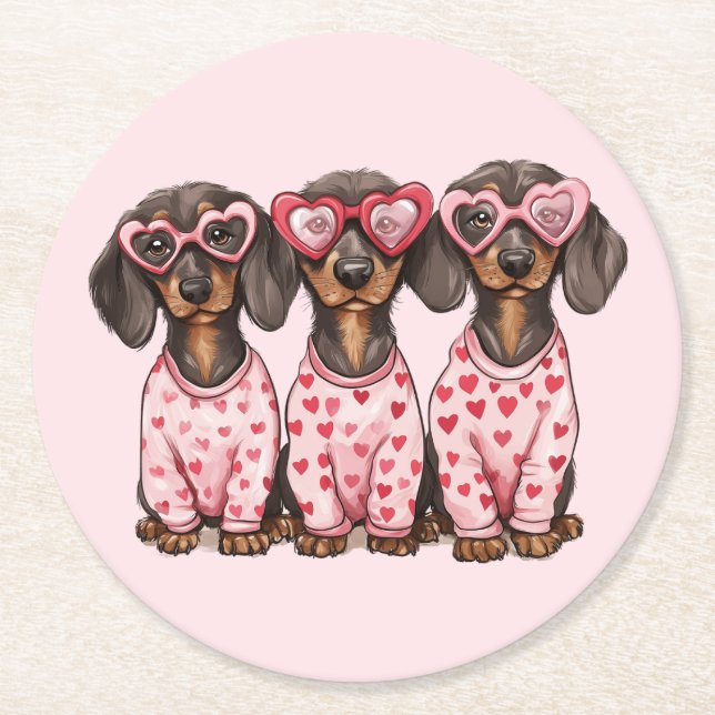 Posavasos Redondo De Papel Día de San Valentín Dachshund Dogs (Anverso)