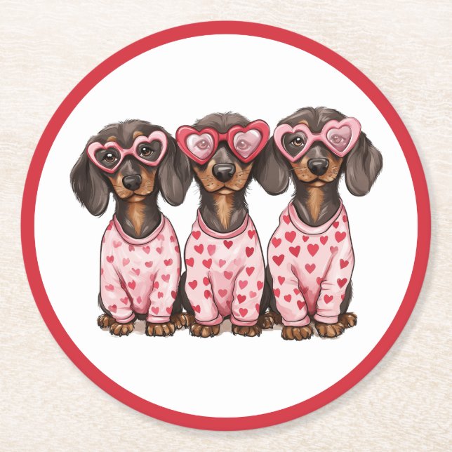 Posavasos Redondo De Papel Día de San Valentín Dachshund Dogs (Anverso)