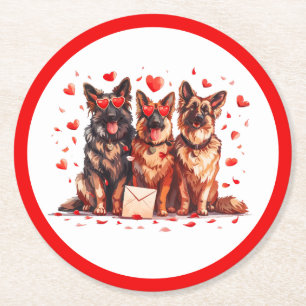 Posavasos Redondo De Papel Día de San Valentín Perros Pastor Alemán