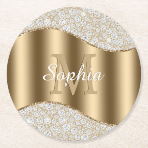 Posavasos Redondo De Papel Diamantes, Gran Monograma de Oro, Nombre en Letra
