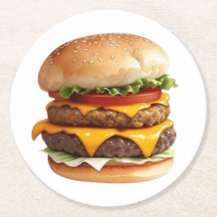 Posavasos Redondo De Papel Dibujo acuarela de una hamburguesa de queso