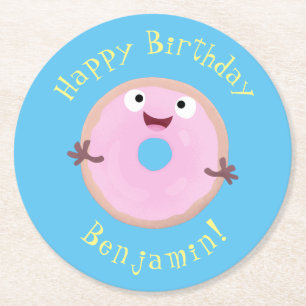 Posavasos Redondo De Papel Dibujo animado de donut glaseado rosa lindo feliz