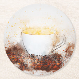 Posavasos Redondo De Papel Dibujo de una Copa caliente de café entre habas de