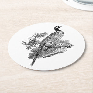 Posavasos Redondo De Papel Dibujo en blanco y negro de faisán antiguo ave de 