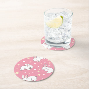 Posavasos Redondo De Papel Dibujo Kawaii de conejo rosa lindo