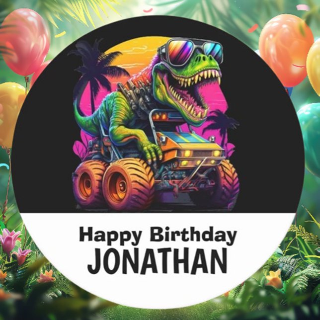 Posavasos Redondo De Papel Dino-Mite Monster Truck Fiesta de cumpleaños (Celebrate with vibrant colors and roaring excitement)