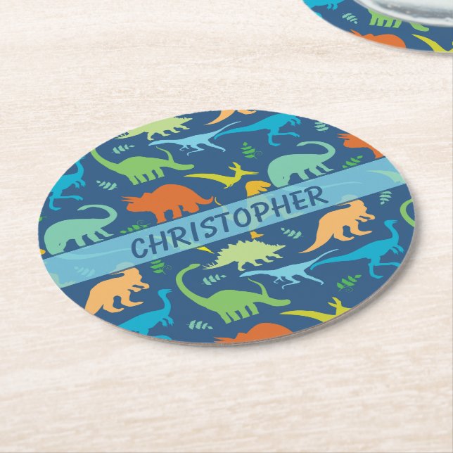 Posavasos Redondo De Papel Dinosaurios coloridos personalizados (En perspectiva)