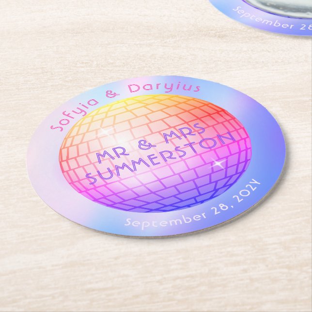 Posavasos Redondo De Papel Disco Ball Naranja rosa caliente morado personaliz (En perspectiva)