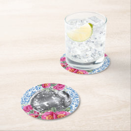 Posavasos Redondo De Papel Disco Ball Pink Floral Blue Tile