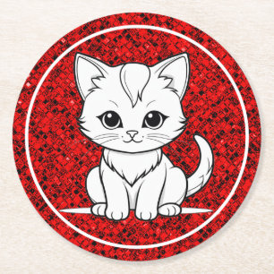 Posavasos Redondo De Papel Diseño de arte de línea de gatito gato estilizado-