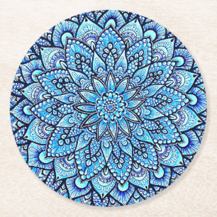Posavasos Redondo De Papel Diseño de arte de mandala con lápiz de color azul