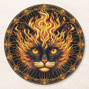 Posavasos Redondo De Papel Diseño de Mandala para gatos de incendio místico