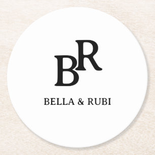Posavasos Redondo De Papel Diseño de monograma de boda elegante en blanco y n