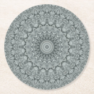 Posavasos Redondo De Papel Diseño de patrón de mandala gris y plateado