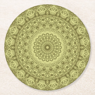 Posavasos Redondo De Papel Diseño de patrón de mandala verde oliva