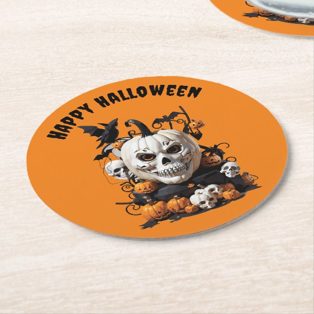 Posavasos Redondo De Papel Diseño del cráneo Scary Happy Halloween (En perspectiva)