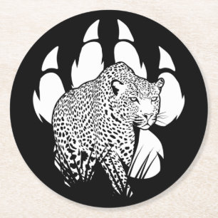 Posavasos Redondo De Papel Diseño gráfico de huellas de panteras en blanco y