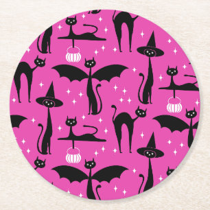 Posavasos Redondo De Papel Disfraz de Halloween MCM Gatos Minimalistas Rosa