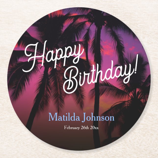 Posavasos Redondo De Papel Divertido Tropical Sunset Luau Birthday Party (Anverso)