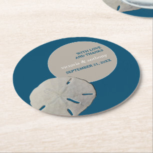 Posavasos Redondo De Papel Dólar de arena, Boda de Playa Azul del Océano