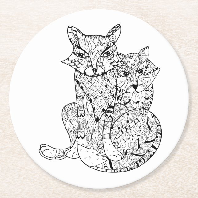 Posavasos Redondo De Papel Doodle del Fox de Boho (Anverso)